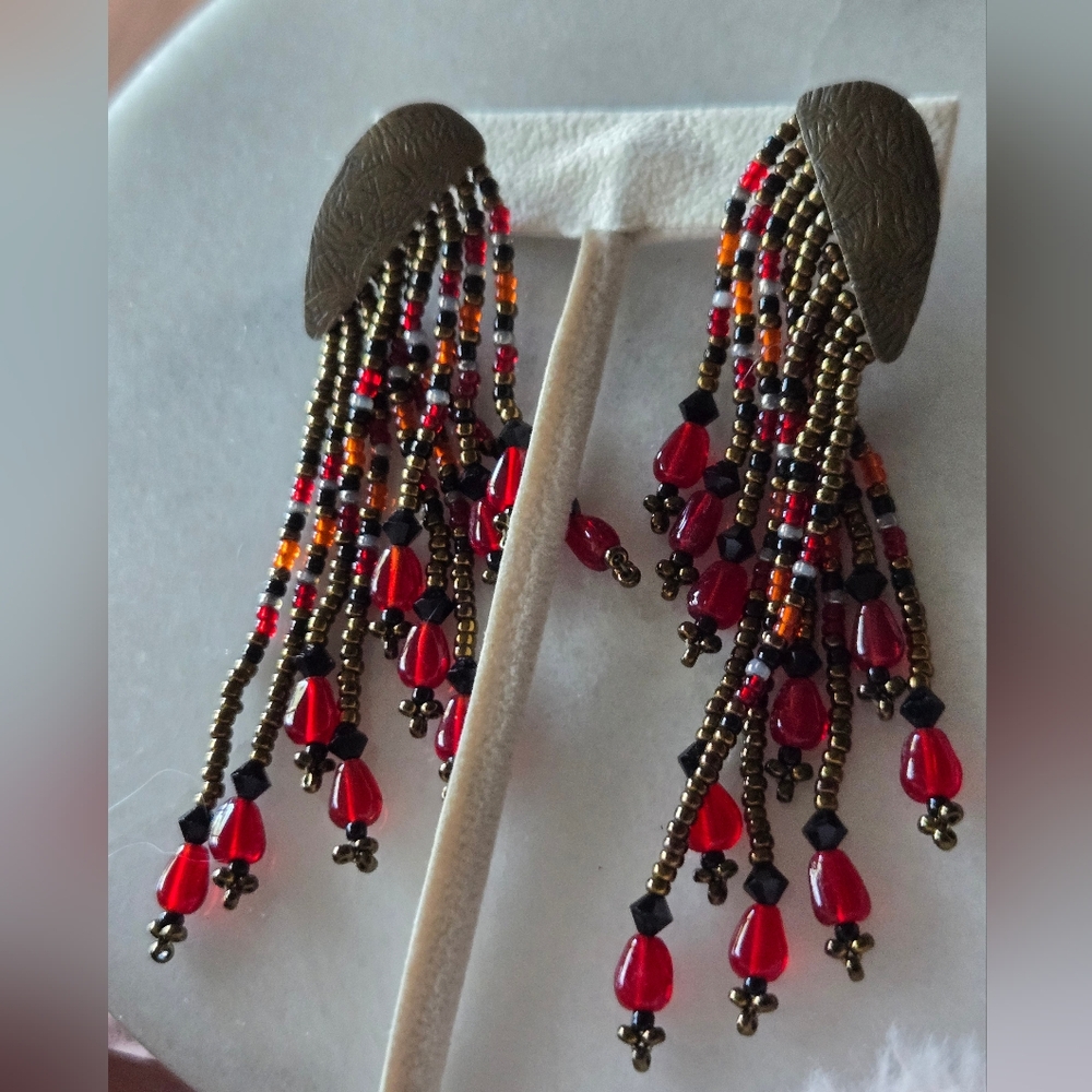 Bronze Intricate Artisan Style Beaded Dangle Earrings 3"L×3/4" W APROX